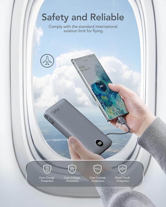 Portable Charger Power Bank 20000mAh,VRURC 22.5W Fast Charging Power Bank With Cables, 20K USB C Portable Charger With Wall Plug, Phone Battery With Cords For iPhone, Samsung, Android Phones, etc-Grey