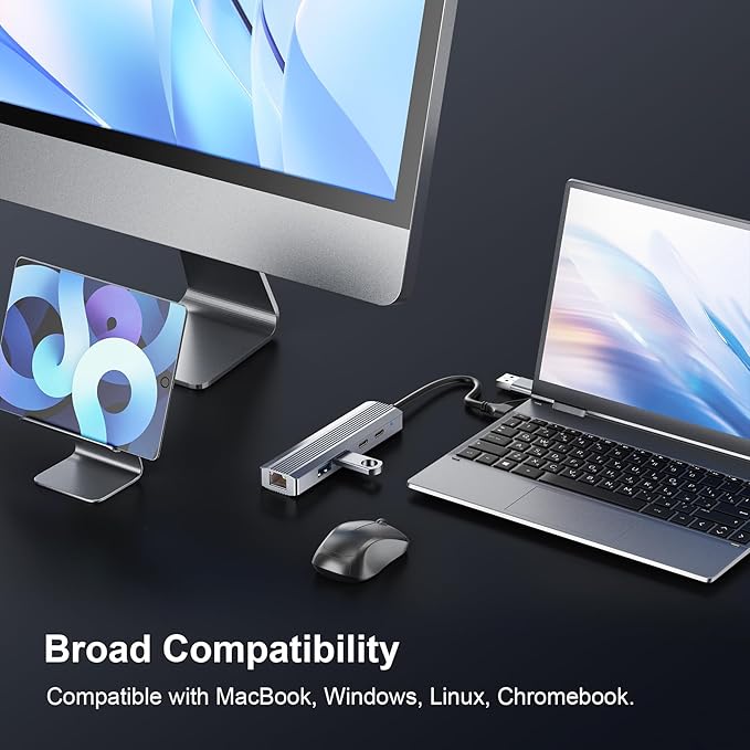 5-in-1 USB C Hub Adapter with Gigabit Ethernet, 2X USB 3.0 Ports, 2X USB C Data Ports, for Windows MacOS Linux Computers and Laptops