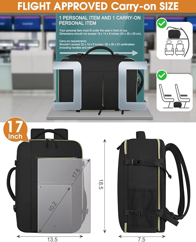 Capolo Travel Backpack for Women Men Waterproof Laptop Backpack Airlines Approved Carry On Backpack Bag Computer Bookbag for Business, Work, Traveling Fits 17 Inch Laptop(Black)