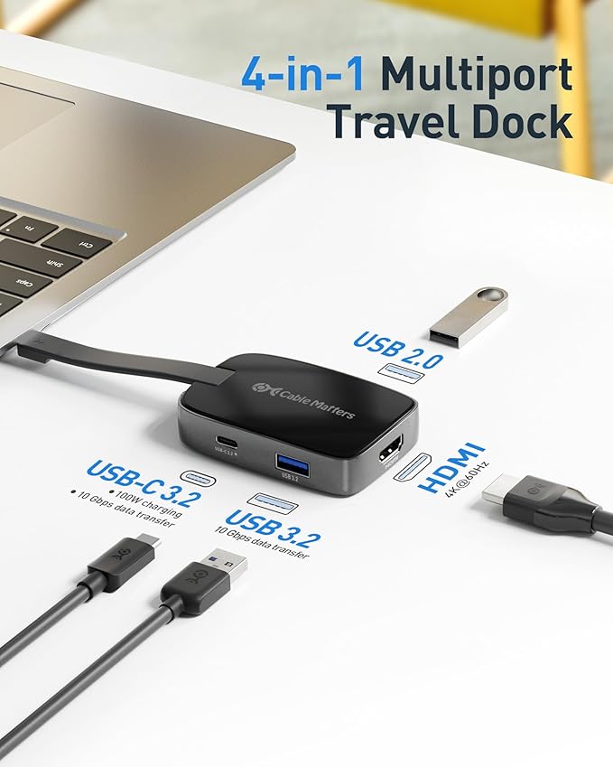 Cable Matters 4-in-1 Portable USB C Hub HDMI 4K@60Hz & 100W Charging for iPhone 16/15 Pro, 10Gbps, USB-C Digital AV Multiport Adapter, USBC HDMI Hub Compatible with Thunderbolt 4 for MacBook, XPS