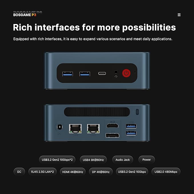BOSGAME P3 Lite Mini PC Gaming Computers Ryzen 7 6800H, Radeon 680M Graphics, 32GB DDR5 RAM, 1TB PCIe 4.0x4 SSD,Triple Display (HDMI/DP/USB4),USB4 8K 60Hz,WiFi 6E,BT5.2,Dual 2.5GbE LAN