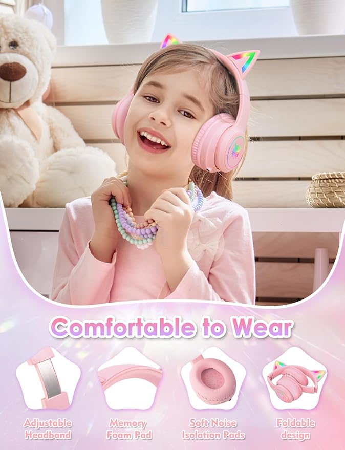 Bluetooth Kids Headphones with Microphone, Cat Ear LED Light Up and 85dB Volume Limiting Toddlers Study Headphones, Wireless Foldable HI-FI sound Over-Ear School Headphones for iPhone/iPad/Laptop/PC