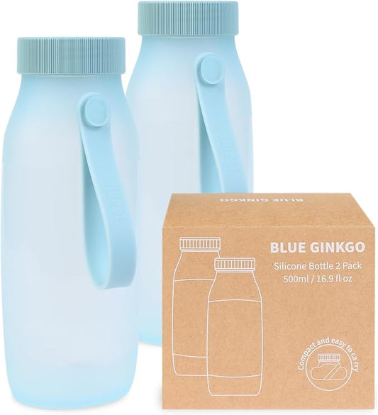BLUE GINKGO Collapsible Water Bottle [2-Pack] – Lightweight, Foldable Silicone Bottles for Travel, Hiking, and Camping (16.9oz, Made in Korea, Blue)