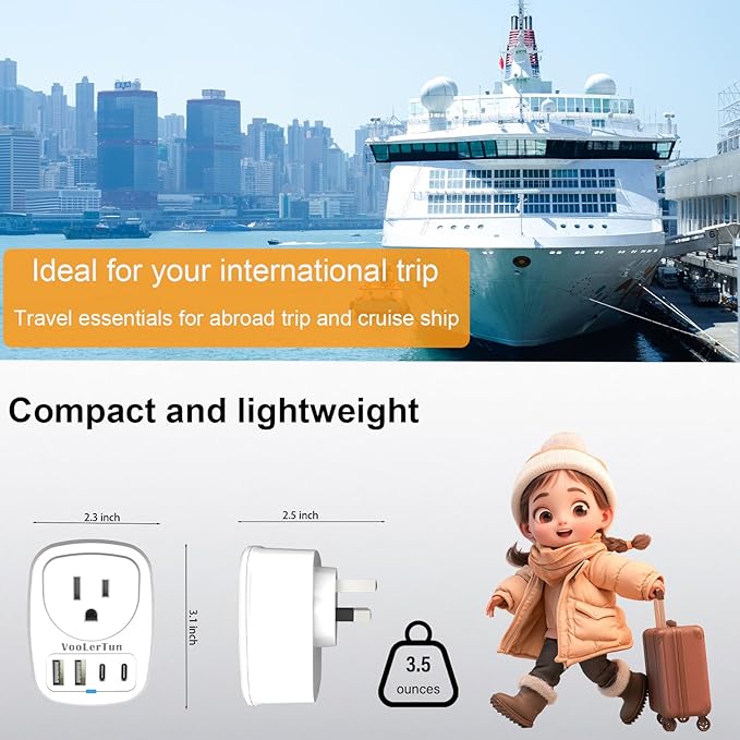 2 Packs Type I Australian Plug Adapter, VooLerTun Timor Argentina Travel Plug Adapter with 4 USB Charger Ports (2 USB C),1 American Outlet Adapter. US Converter for Australia Travel