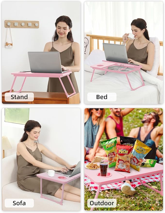 Lap Desk for Couch/Sofa/Floor, 5-Angle Adjustable Bed Desk with Foldable Legs &Cup Holder, Light Weight Bed Tray Table for Writing/Eating/Reading, Portable Laptop Stand for Adults, Kids