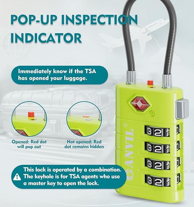 ANVIL 4 Digit Luggage Locks, TSA Locks for Luggage, Advanced TSA008 core, Alert Indicator for Your Travel Lock, Suitcase Lock. (2, Grass Green)