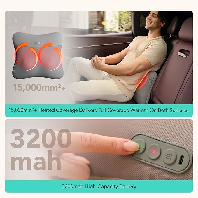 SKG Back Massager for Pain Relief Deep Tissue Cordless Back and Neck Massager Pillow with Dual Sided Heat VS500 Gifts for Men Women(Need to Restart After 15 min)