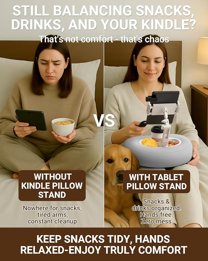 Kindle Pillow Stand for Bed, Adjustable Tablet & Phone Holder for iPad, Kindle, Couch – Snack & Drink Holders, 50 Disposable Liners & Washable Pillow Cover (Grey)
