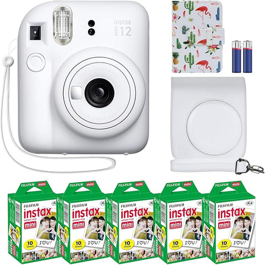 Fujifilm Instax Mini 12 Instant Camera + MiniMate Accessory Bundle & Compatible Custom Case + Fuji Instax Film Value Pack (50 Sheets) Flamingo Designer Photo Album (Clay White)