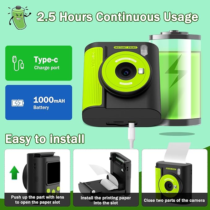 Zicor Kids Camera Instant Print, HD Digital Video & Instant Print Camera for Kids, Fun Christmas Birthday Gifts for Boys and Girls, Comes with 32GB SD Card, Lightweight & Portable - Black