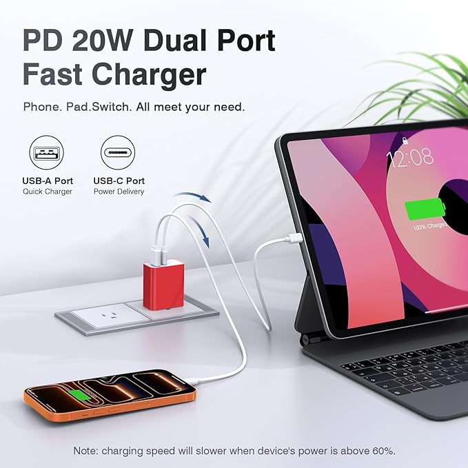 2Pieces USB C Wall Charging Block, 20W 2Port Fast USBC PD3.0 Power Adapter Type C Charger Brick Cube Plug for iPhone 13 14 15 16 17 Pro Max Mini 11 XS X 8, iPad, Samsung, Google, Tablet, Android, Red