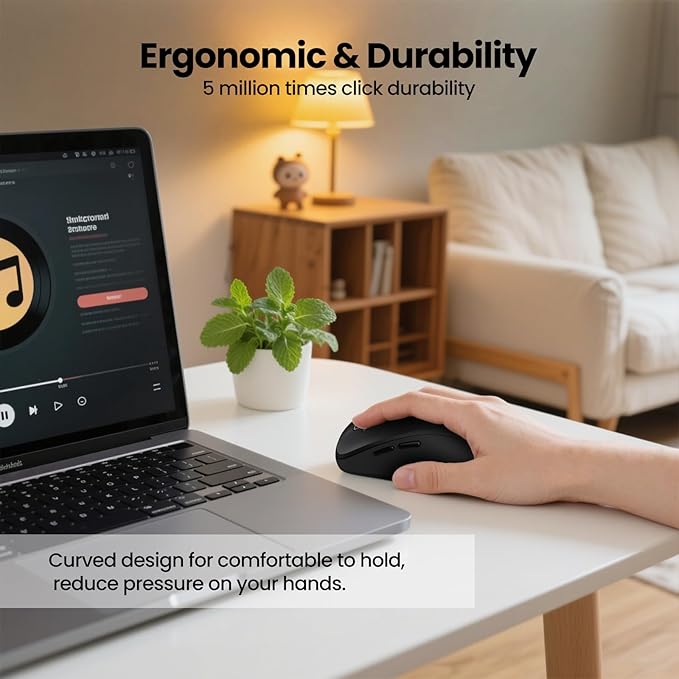 Wireless Mouse with 2 Bluetooth and 1 USB, 4-Way Scrolling, Full Size Mouse, Silent, Long Battery Life, Adjustable Cursor Speed, for Computer, Laptop, Tablets, iPad, Desktop, MacBook (Side Buttons)