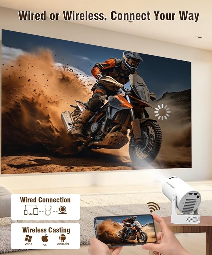Mini Projector 4K Support, Portable Smart Projector with WiFi 6 and Bluetooth 5.4, 5w Soundbase Speaker, Auto Keystone 180° Rotatable, 8000 Lumens, Home Bedroom Movie Proyector HY300Pro+