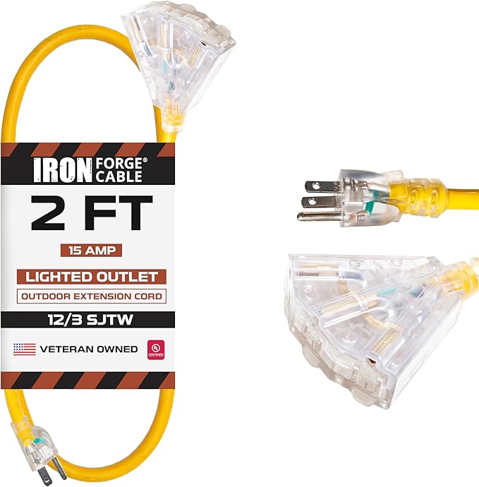Iron Forge Cable 2 Foot Lighted Outdoor Extension Cord with 3 Outlets - 12/3 SJTW Heavy Duty Yellow Extension Cable 3 Prong - Multiple Outlets