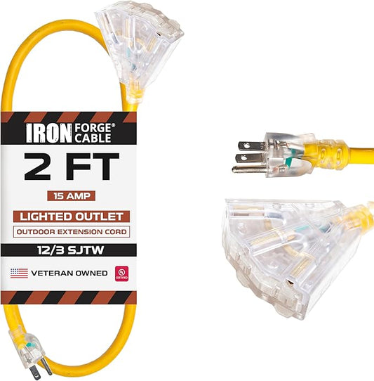 Iron Forge Cable 2 Foot Lighted Outdoor Extension Cord with 3 Outlets - 12/3 SJTW Heavy Duty Yellow Extension Cable 3 Prong - Multiple Outlets