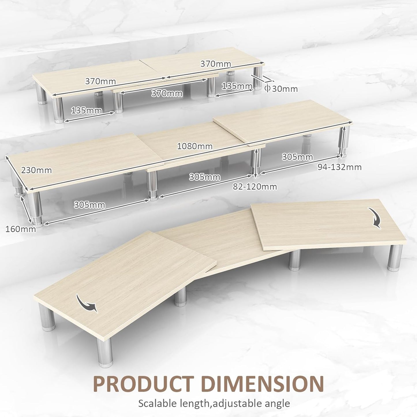 AX Waber Dual Monitor Riser - Adjustable Length & Angle, Wooden Stand for 2 Monitors with Storage