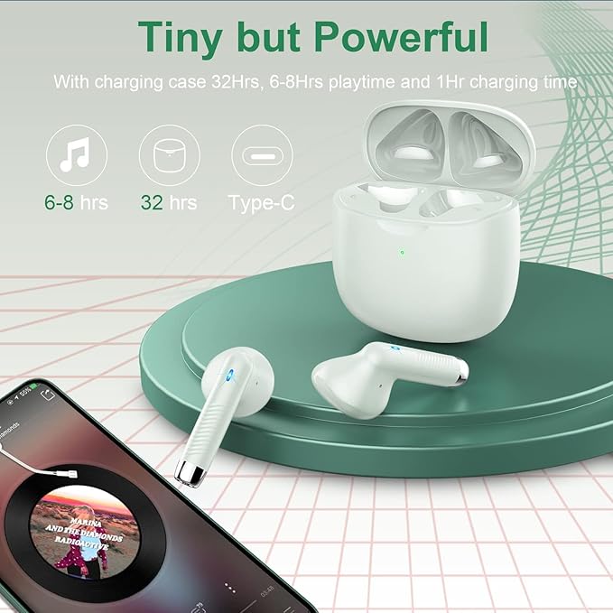 Wireless Earbuds, Bluetooth 5.4 Earbuds Stereo Bass, Bluetooth Headphones in Ear Noise Cancelling Mic, Earphones IP7 Waterproof Sports, 32H Playtime USB C Charging Case Green Ear Buds for Android iOS
