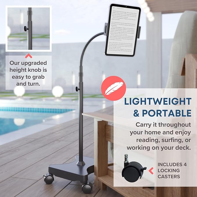 LEVO Adjustable Height Floor Stand on Wheels - Black with Casters - Tablet & Phone Holder with Gooseneck Mount, Stable Base - Compatible with All Cell Phones & Tablets (4-13 inch)
