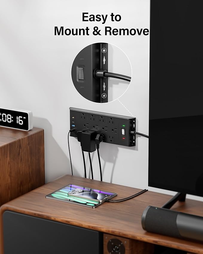 4800J Surge Protector Power Strip, LeZone 10Ft Extension Cord Flat Plug, 12 Outlets 2 USB C 2 USB Ports, Wall Mountable, PD20W Desk Charging Station, Black