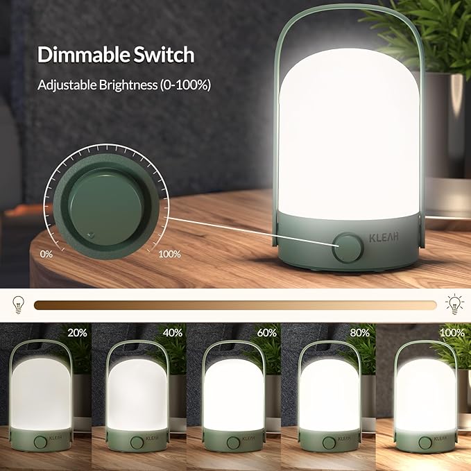 KLEAH Table Lamp Portable Cordless Lantern, 360° Portable Handle, Stepless Dimmer, Powerful Long-Lasting 50hrs, Rechargeable LED Lantern for Camping Bedroom Party, Green