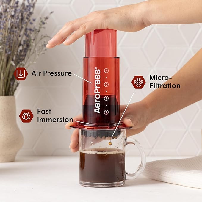 AeroPress Clear Red Coffee Press - All-in-One French Press, Pour-Over & Espresso Style Manual Brewer, 2 Min Brew for Less Bitterness, More Flavor, Small Portable Coffee Maker, Travel & Camping