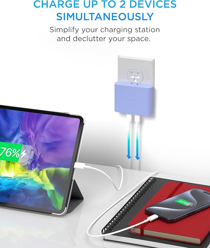 iHome Multiport 40W USB-C Charger, AC Pro 2-Port Flat Block, Dual Fast Charging Wall Adapter