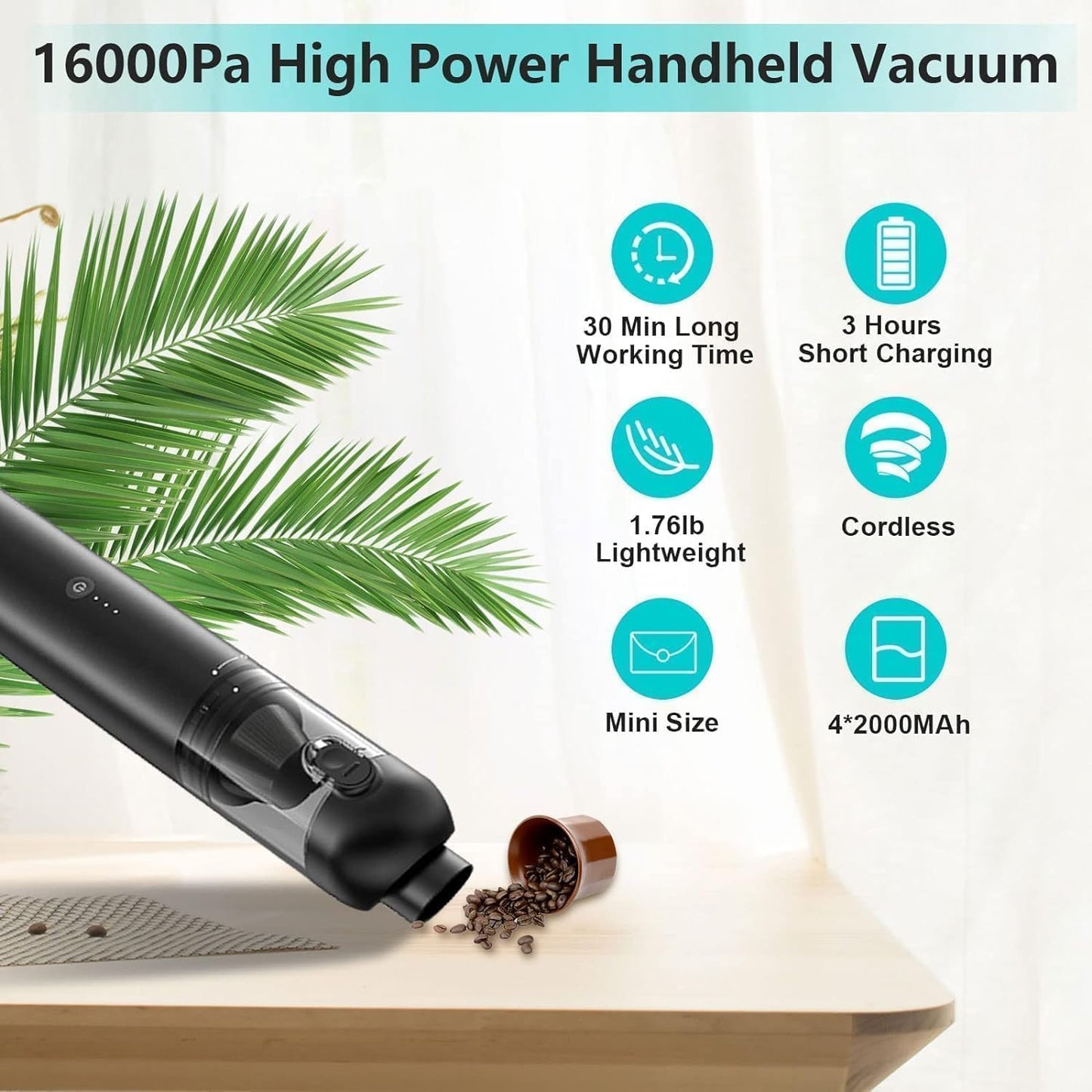 Car Vacuum, 4-in-1 Portable Mini Cordless Vacuum with 16,000PA Strong Suction, Brushless Motor, One-Touch to Empty, Lightweight Handheld Vacuum for Car, Home, Office, Pet Hair, Desk, Keyboards