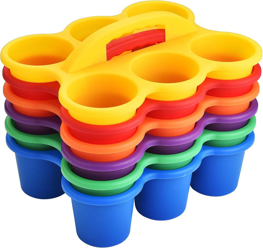 ALINK 6 Pack Classroom Caddy Storage Basket with Handle, Plastic Drink Cup Caddy Holder, 6 Compartments for Kids, Table, Office, Arts, Crafts, Crayon, Marker, Pencil, School Supplies - Assorted Colors