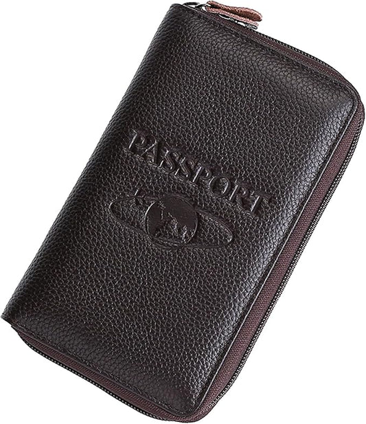 Genuine Leather Travel Passport Wallet RFID Blocking Zip-Around Passport Holder (Coffee)