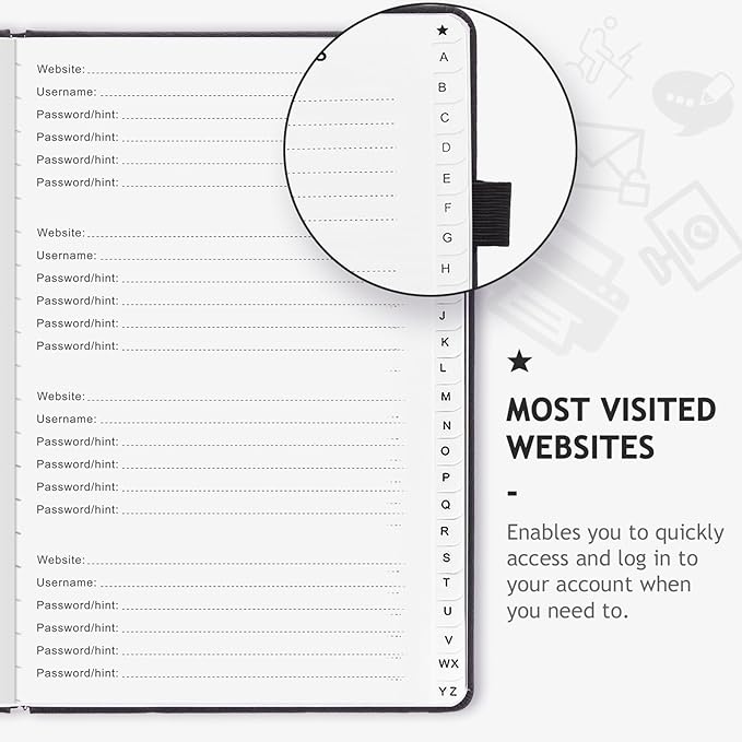 JUBTIC Password Book with Individual Alphabetical Tabs, 7"x10" Internet Password Keeper Book for Seniors, Password Notebook and Organizer/Notes Section, Black