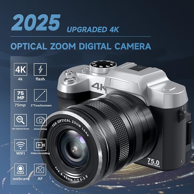 4K 75MP Digital Camera for Photography, Camera for Vlogging, 10X Optical Zoom, Auto Focus, WiFi, 3" Flip Touchscreen, 2 Batteries, Lens Hood, Tripod, Remote & Strap