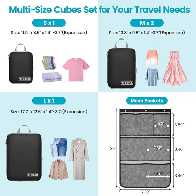 Cambond Compression Packing Cubes for Travel Women - Travel Bags Luggage Organizers Travel Essentials Compression Cubes for Travel Carry on Suitcases Organizer
