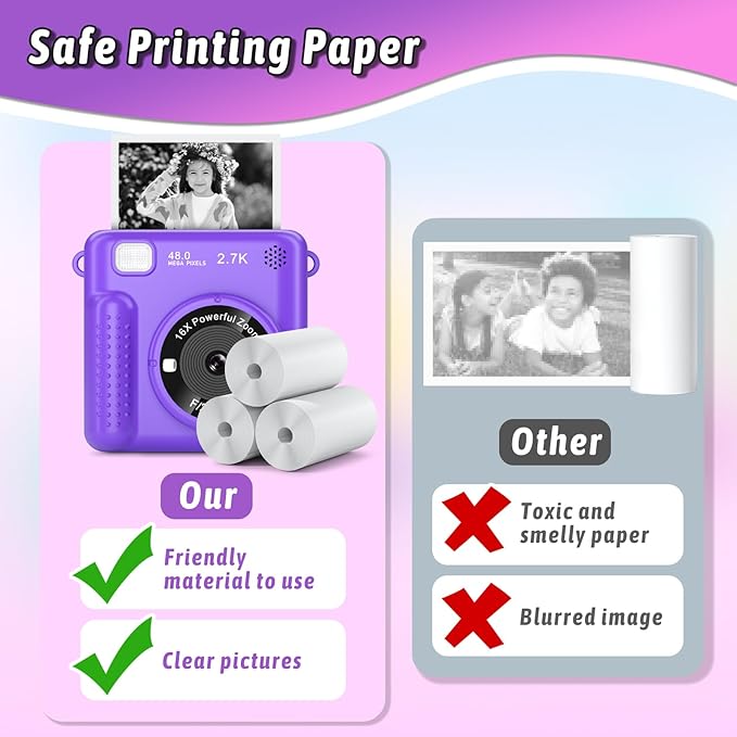 Kids Camera Instant Print, Christmas Birthday Gifts for Girls Boys Age 3-12，HD Selfie Kids Digital Camera, Portable Travel Toy for 3 4 5 6 7 8 9 10 Year Old Girls (Purple)