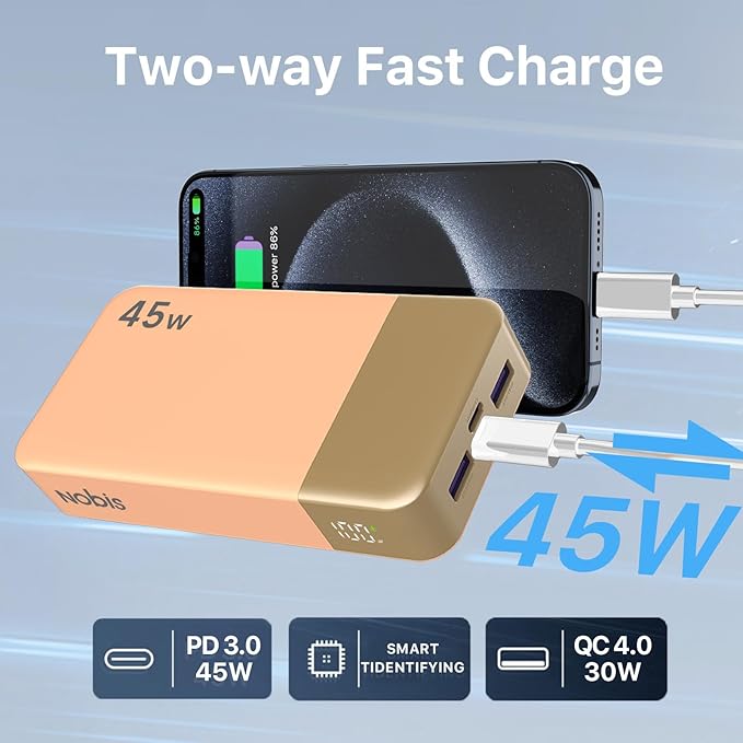 NOBIS Portable Charger, 20000mAh Power Bank, 45W Power Bank Fast Charging, Battery Pack with C to C Cable, Battery Bank with Digital Display for Phone Android Laptop etc (Orange)