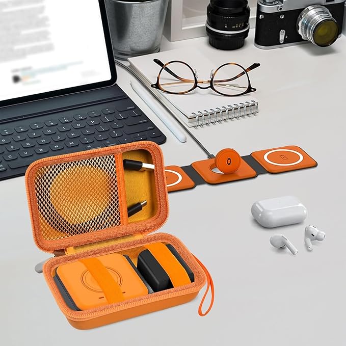 Travel Case for UCOMX for Nano/for Rtops/for Hicober/for Iseyyox 3 in 1 Wireless Charger, Foldable Magnetic Charging Station Storage Holder Bag for Fast Charge Pad Cable, Adapter, Orange-Box Only