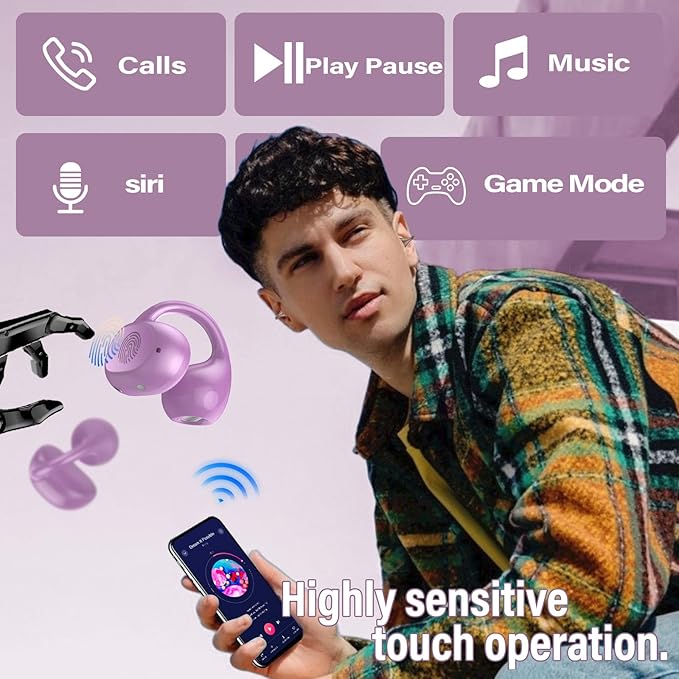 Open Ear Earbuds,Wireless Earbuds Bluetooth 5.4 Ergonomic Clip-On Ear buds, Bone Conduction Over The Ear Headphones 48H Playtime, Perfect Running Headphones for Sports IPX7 Waterproof Touch Controls