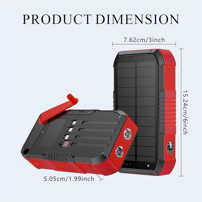 Solar Power Bank 66800mAh Built in Hand Crank and 4 Cables 22.5W Fast Charge,Camping Essentials/SOS/Strobe/Strong Flashlights,Compass Solar Portable Charger Power Bank (Red)