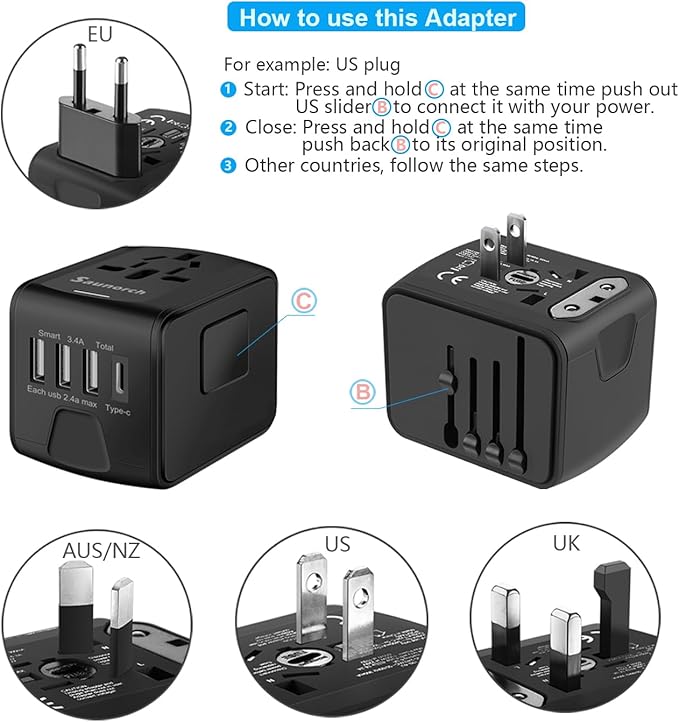 Universal International Travel Power Adapter W/High Speed 2.4A USB, 3.0A Type-C Wall Charger, European Adapter, Worldwide AC Outlet Plugs Adapters for Europe, UK, US, AU, Asia-Black