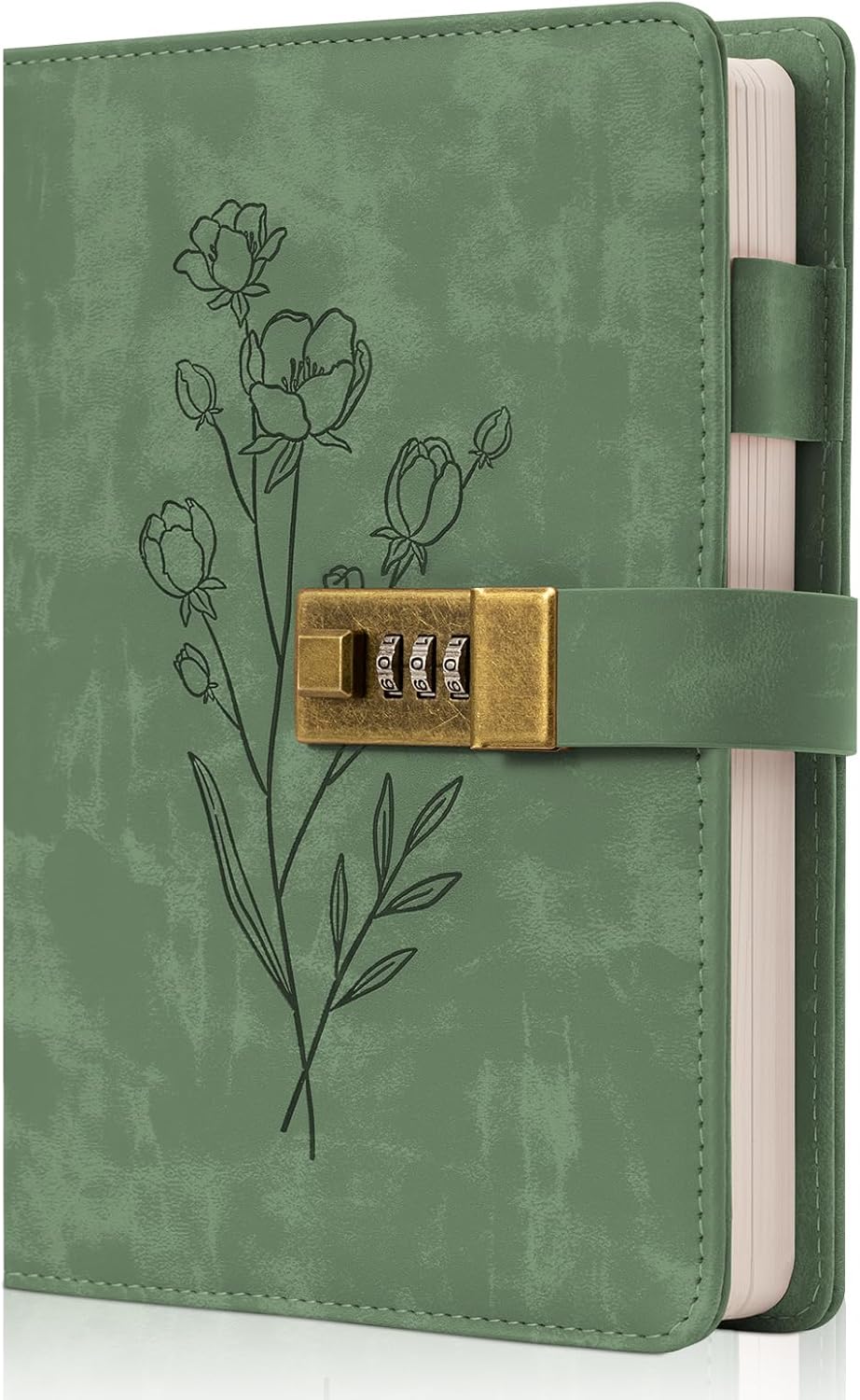 Lock Diary for Women Diary with Lock for Girls A5 Leather Locked Journal 260 Pages 100 GSM Refillable Journal with Lock for Teens Secrets Flower Journals with Combination Passwords, 5.7"x8.3", Green