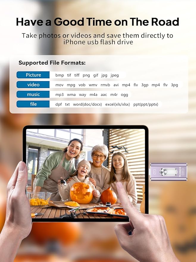 256GB Photo Stick for iPhone Flash Drive, Memory Stick Phone Storage for Photos and Videos Files Backup, Compatible with iPhone iPad Android PC, Plug & Play, No App Required (Purple)