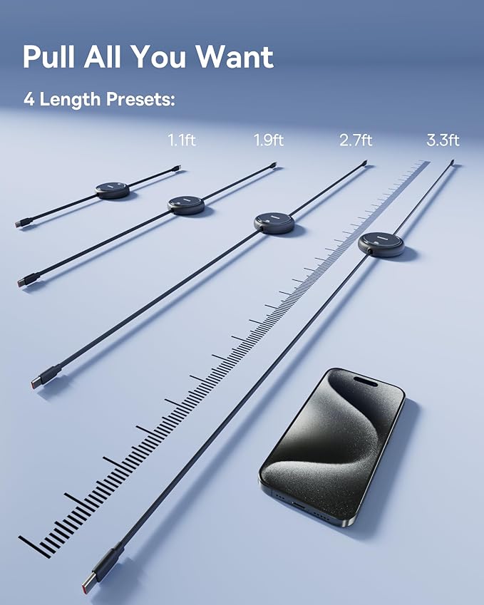 Baseus USB C to USB C Cable, 100W Retractable USB C 5A Fast Charging Cable, 4-Stage Length Preset USB Type C Charger Cord for iPhone 17 16 Pro Plus Pro Max, MacBook, iPad, Samsung S24/S23+ (3.3ft)