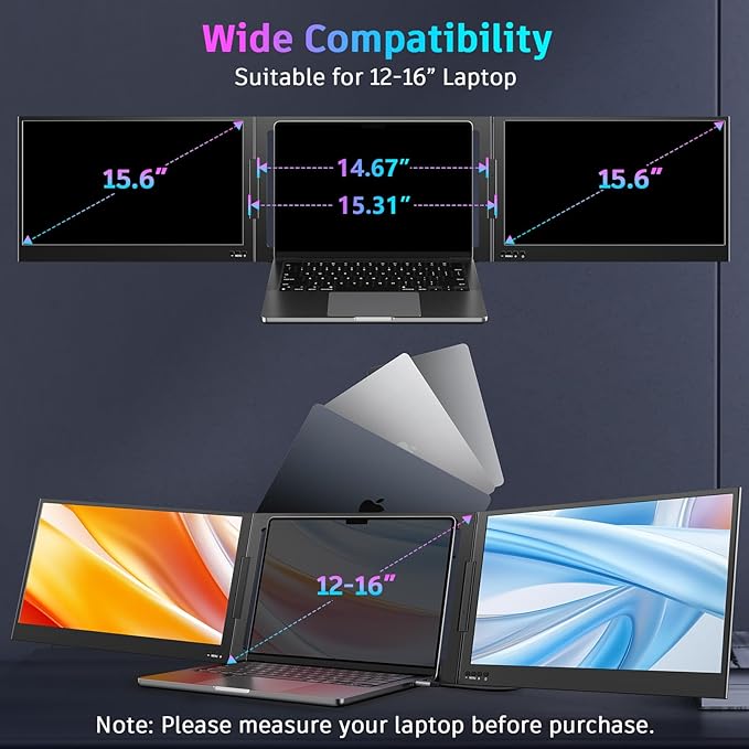 QQH Laptop Screen Extender, 15.6” Triple Portable Monitor for Laptop with Ultra-Slim FHD IPS Display, USB-C Plug and Play Extended Screen Compatible with MacOS, Windows, Android for 12-16" Laptops