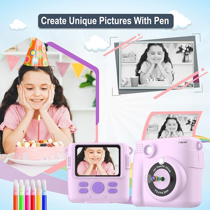 Instant Print Camera for Kids - 2.4" HD 1080P - with 32GB SD Card, 5 Markers, Stickers, 5 Paper Rolls, Lanyard. Camera Boys and Girls from 3 to 14 Years Old. (Purple)