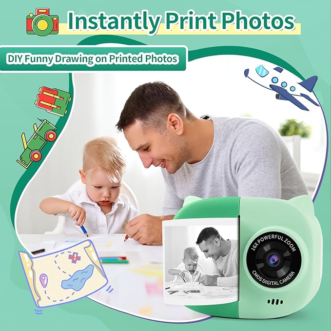 Rongta Instant Print Camera for Kids, Children Portable Photo Printer for Birthday Gifts, Kids Toys, 2.4 Inch Screen Kid Digital Camera for Girls Boys Age 3 4 5 6 7 8 9 10(Green)