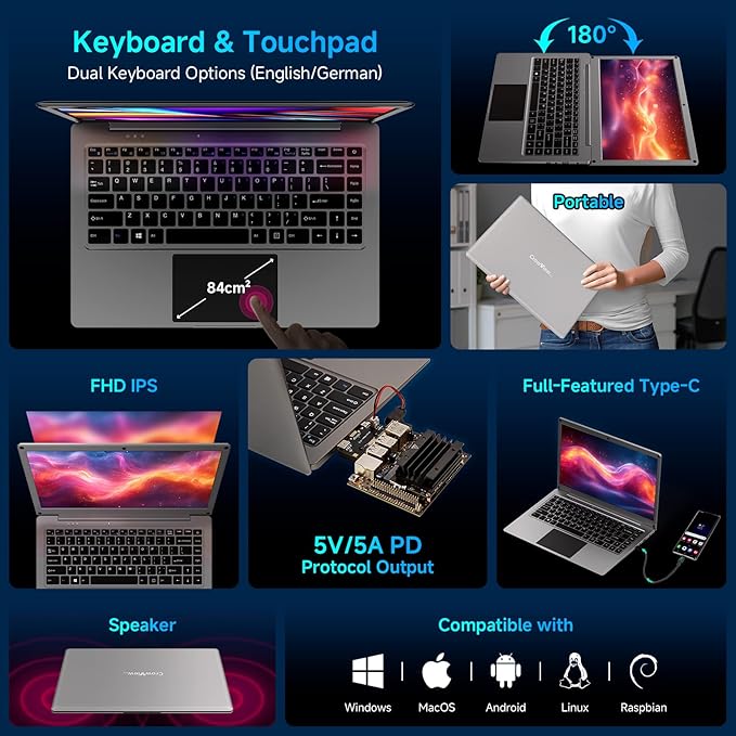 ELECROW Portable Monitor with Keyboard, 14 Inch Lapdock Display with Built-in Battery, 1080P FHD IPS USB C External Computer Monitors Compatible with Raspberry Pi, PC, Phone, Mac, Game Console