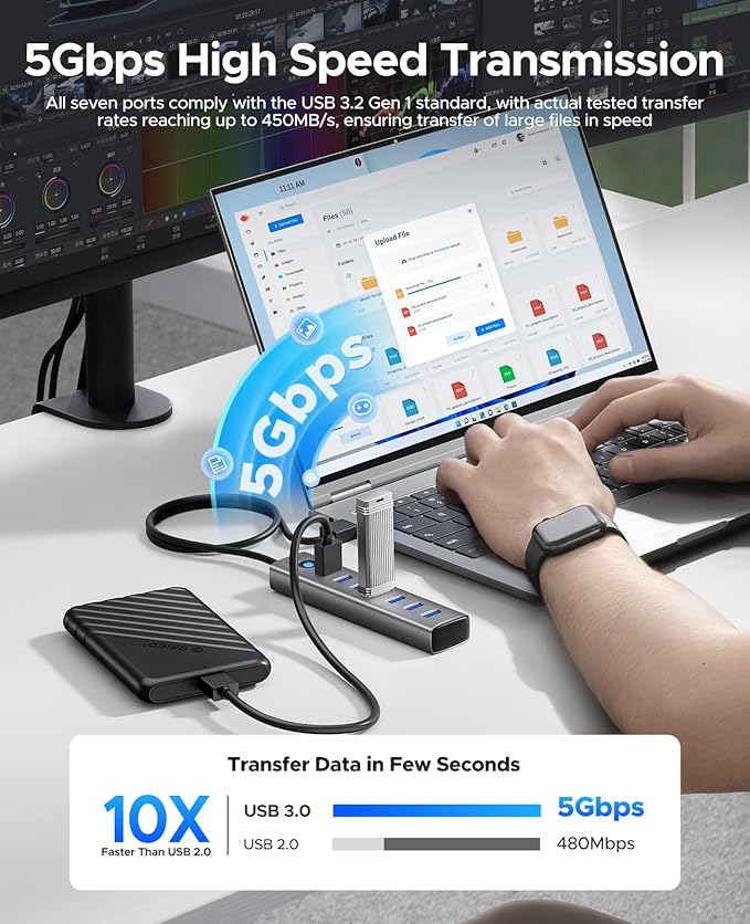 ORICO Aluminum 7-Port USB Hub with 3.28Ft Cable, Multiple USB 3.0 Hub, 5Gbps Data Transfer, 5V 3A Type-C Port, UBS-A Splitter for PC, Laptop, Desktop
