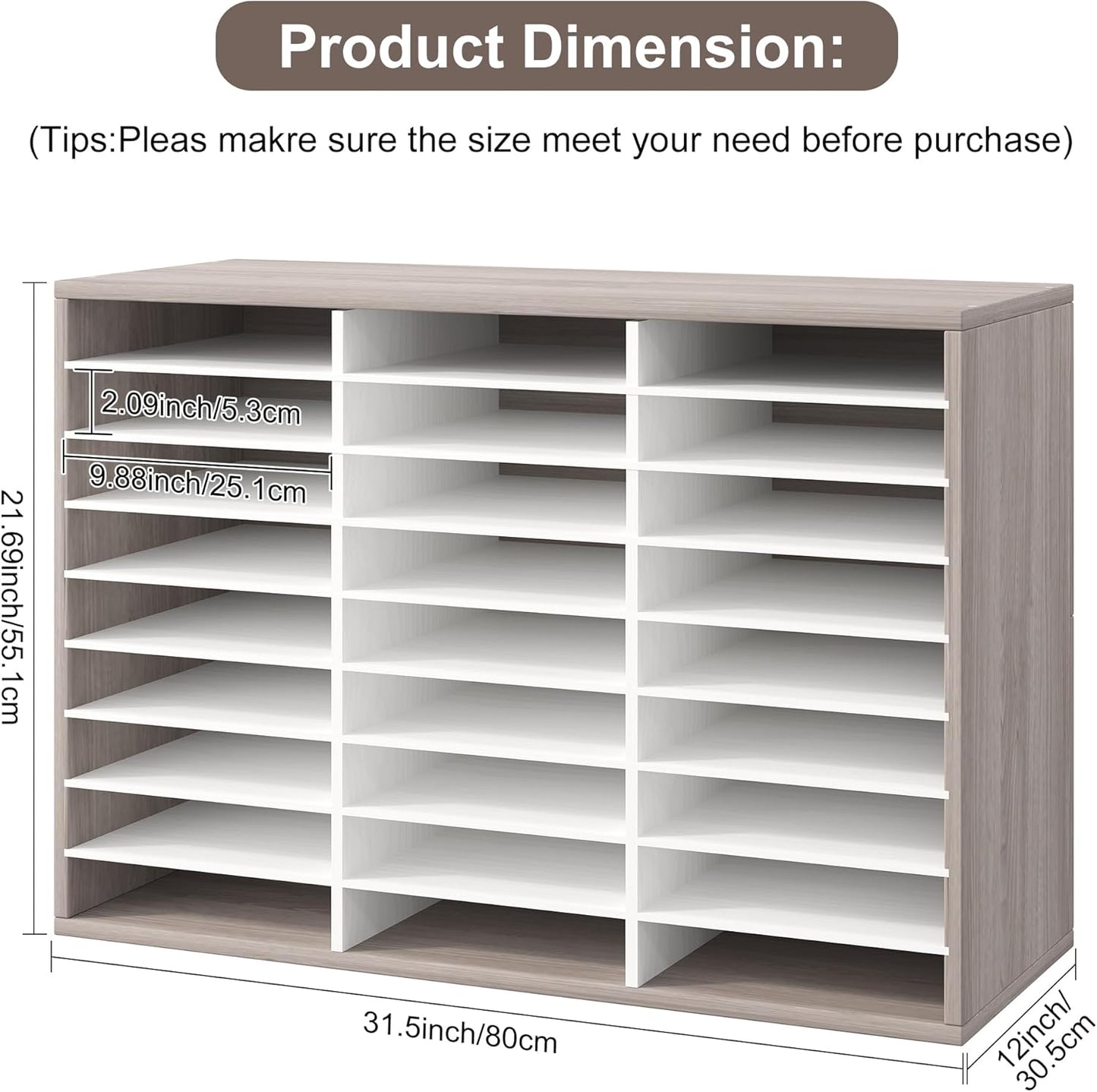 Mail Organizer Countertop, 27 Slots Wooden Desk File Literature Sorter, Adjustable Paper Storage Shelves Document Holder, Space Saving Desktop Mailbox for Office Classroom, Retro Grey/White