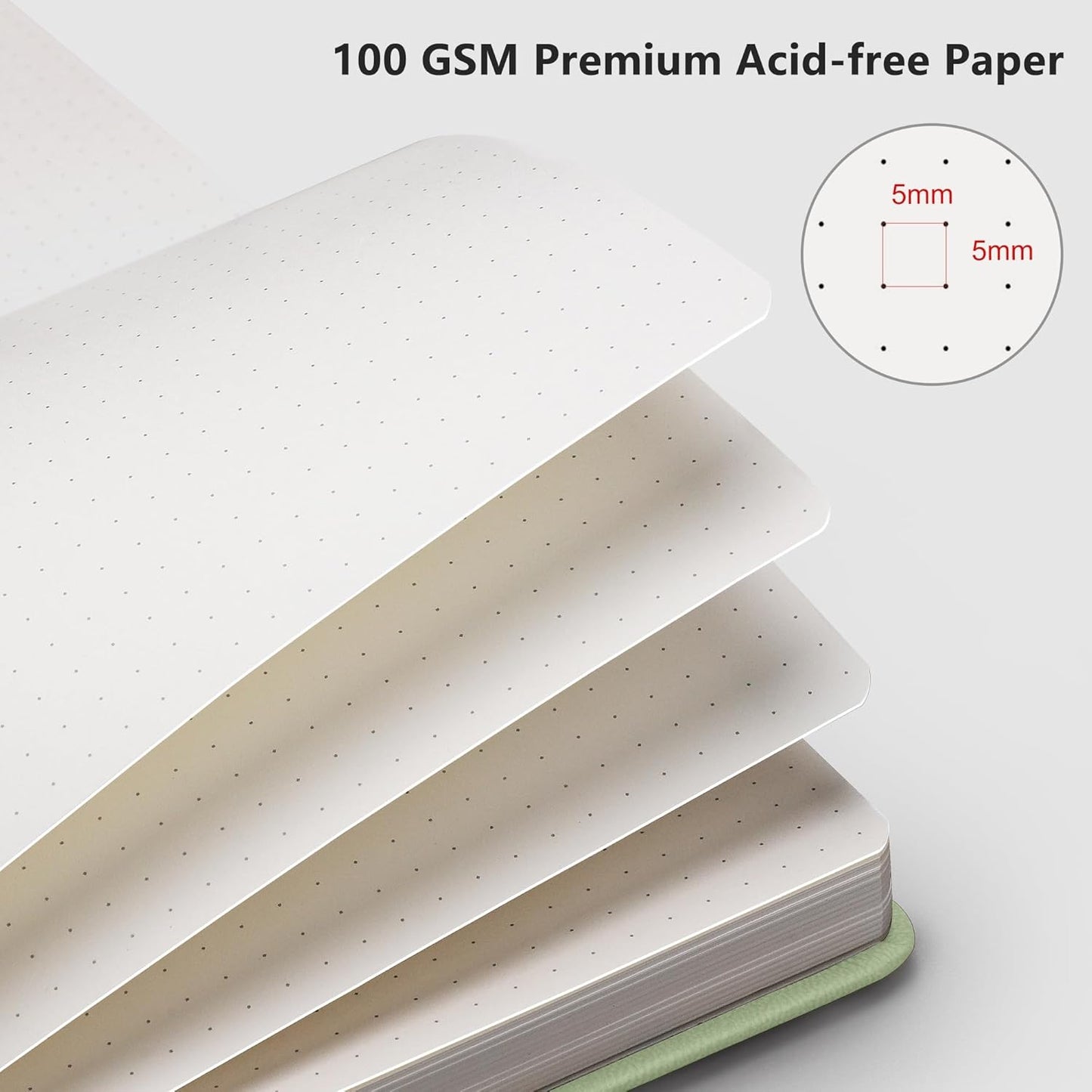 RETTACY Bullet Dotted Journal Notebook, 192 Pages, A5 Medium Size (5.7'' x 8.3''), Leather Hardcover, 100 GSM Thick Paper, for Bullet Journaling, Planning, Tracking (Light Green)