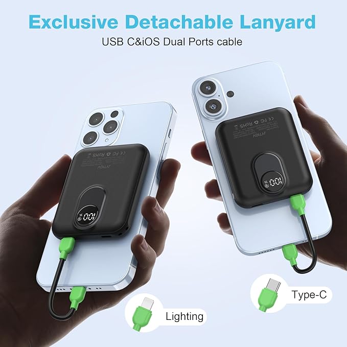 Small Magnetic Power Bank,5000mAh Mag-safe Battery Pack with 20W Fast Charging Detachable USB C&iOS cable,with LED Display,Slim Wireless Portable Charger for iPhone16/15/14/13/12 Series (Black)