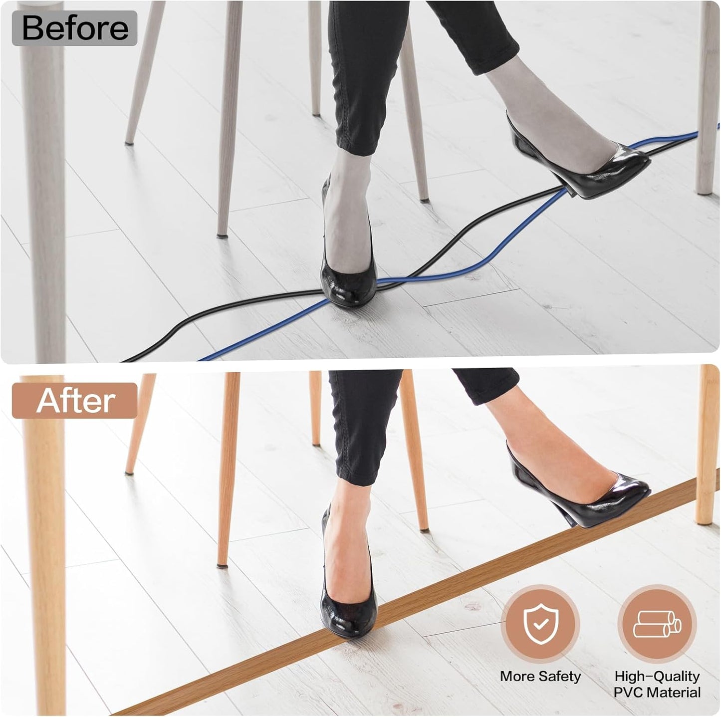 Floor Cord Cover Self Adhesive Cord Hider Floor Extension Cord Covers for Floor Power Cord Protector Cable Management Prevent Cable Trips Cable Cavity 0.51" W x 0.31" H (Light Brown Wood, 3.3Ft)